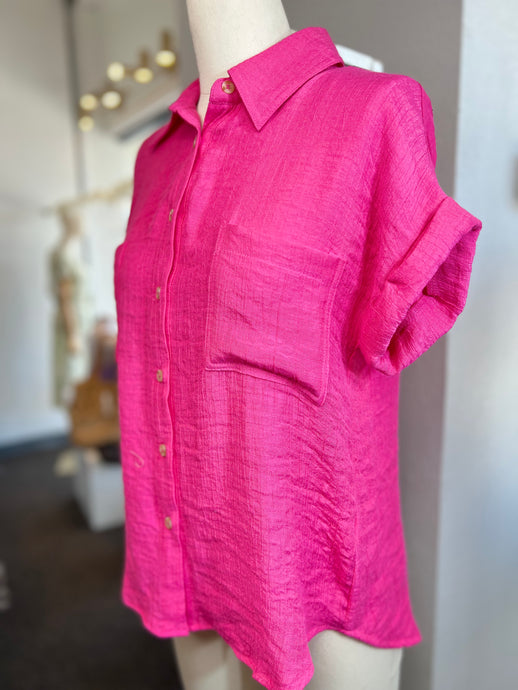 Clearance Samantha Fuchsia Fold Sleeve Button Down Top