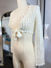 Load image into Gallery viewer, White Open Knit Long Sleeve Front Tie Beads Detail Cardigan