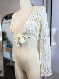 White Open Knit Long Sleeve Front Tie Beads Detail Cardigan