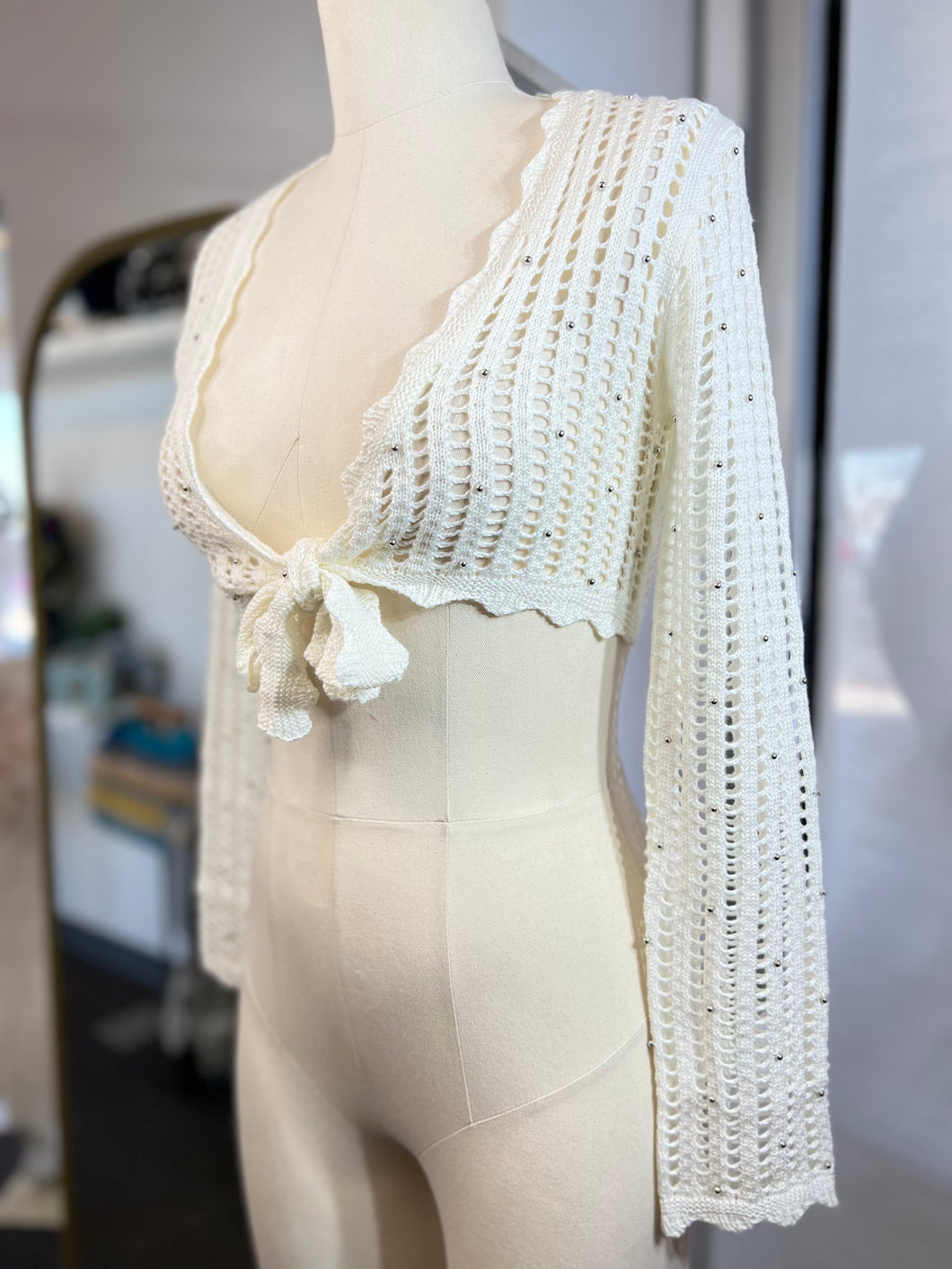 White Open Knit Long Sleeve Front Tie Beads Detail Cardigan