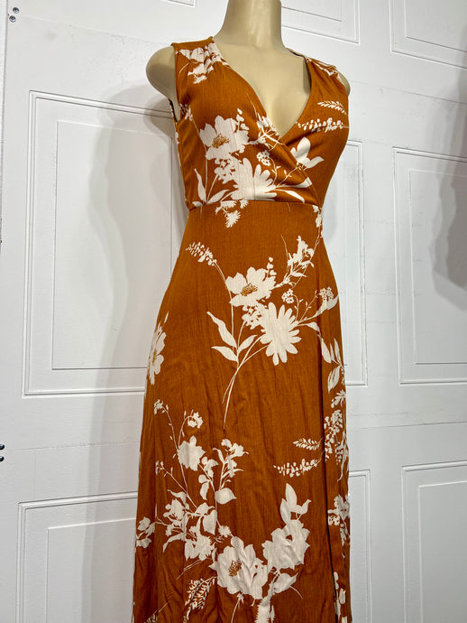 Lola Rust Rayon Gauze Wrap  Leaf Print V Neck Self Tie Sleeveless Dress