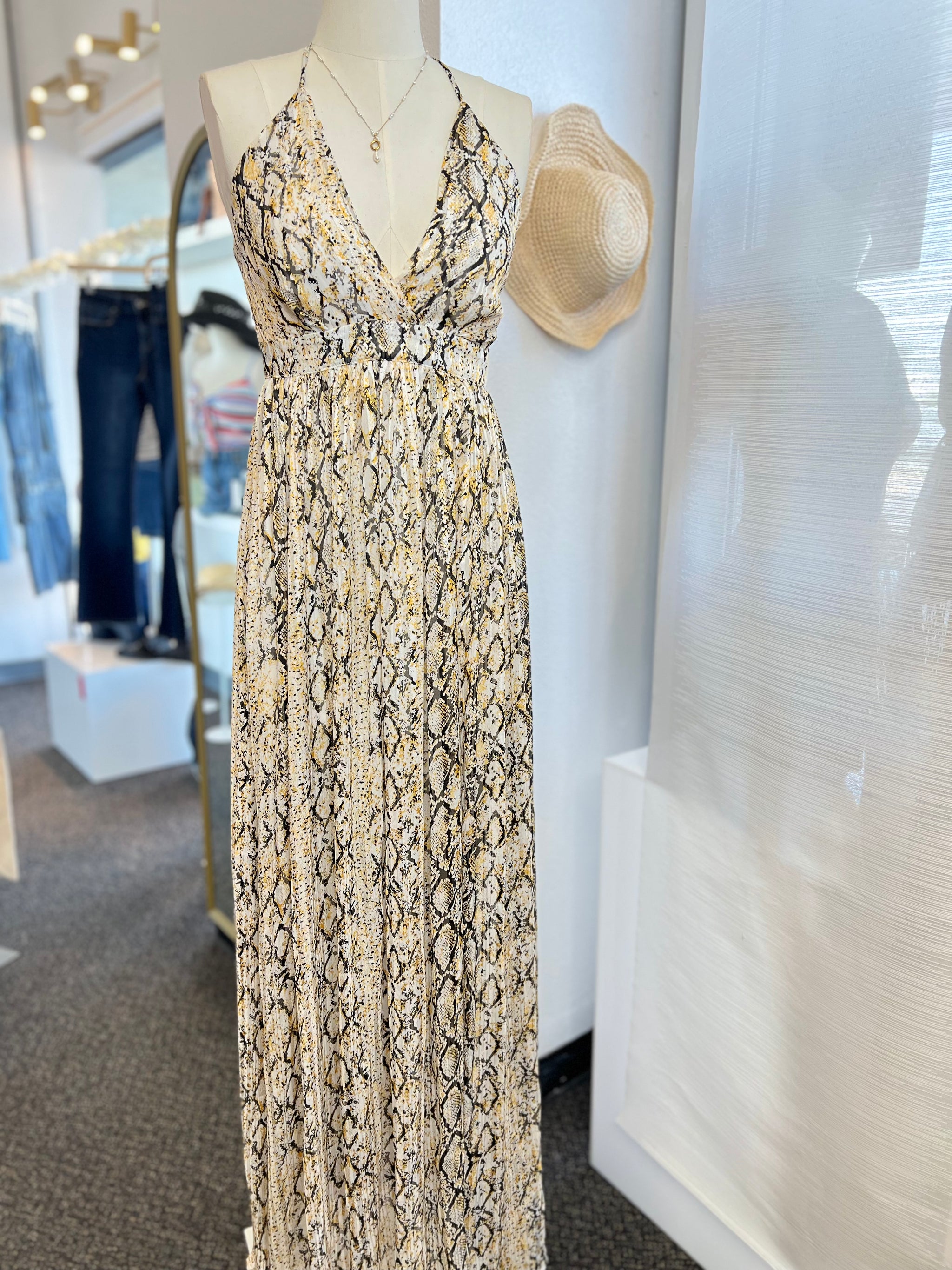 knee length dresses for ladies Luserna Embellished Halterneck Maxi Dress in Green Snake main image 1