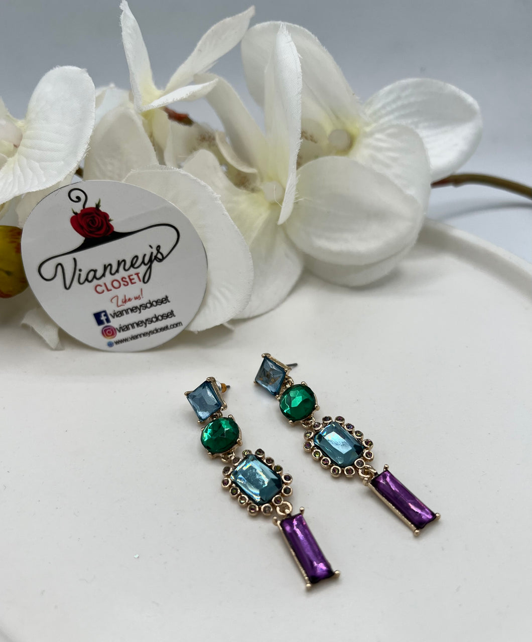 Leah Purple, Esmerald and Light Blue Drop Earrings