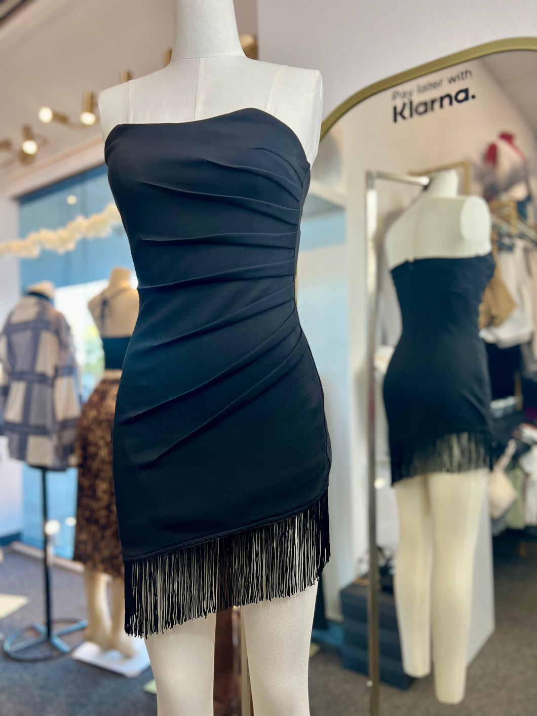 Darianna Strapless Fringe Mini Black Dress