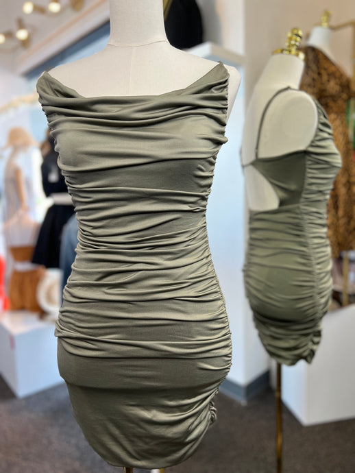 Leonela Fade Olive Cowl Neck Ruched Dress