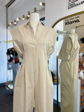Load image into Gallery viewer, Deidra Striped Button-Down Linen Blend Light Taupe or Light Blue Jumpsuit