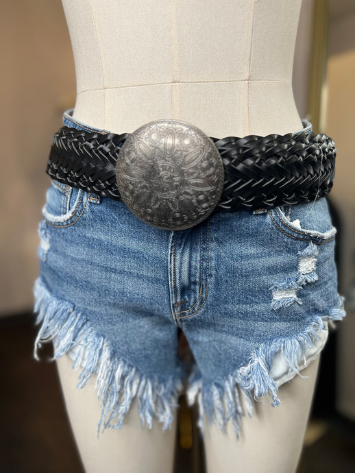 Cynthia Black Leather Woven Silver Buckle