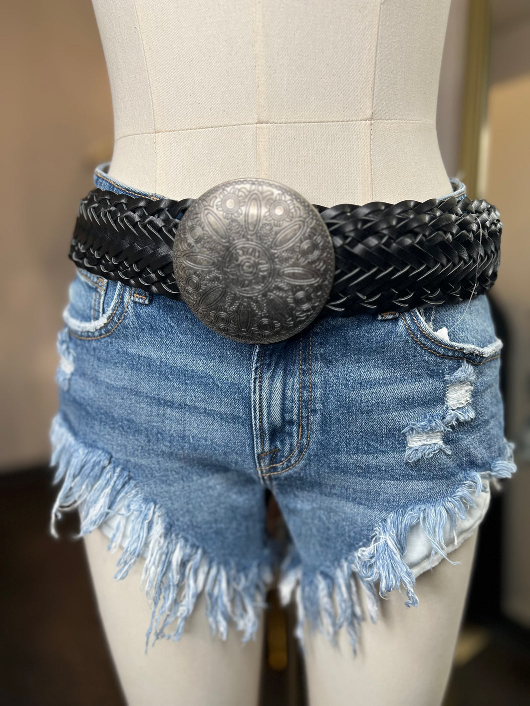 Cynthia Black Leather Woven Silver Buckle