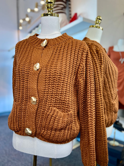 Kitzia Knit Rust Sweater Gold Buttoned