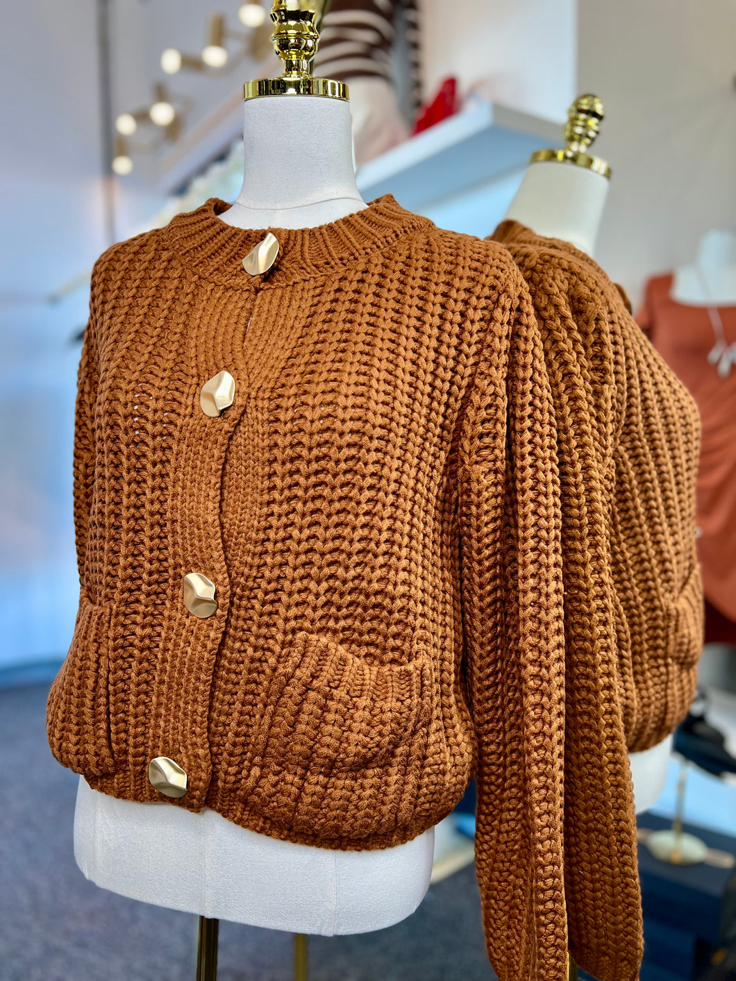 Kitzia Knit Rust Sweater Gold Buttoned