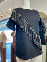 Load image into Gallery viewer, Camila Camel or Black Round Neck Bedazzled FringeS Stretchy Tee