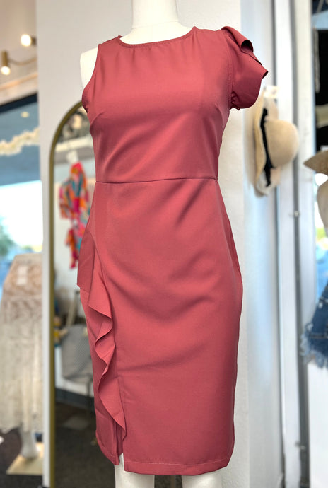 Clearance* Bianca Mauve Round neck front slit Midi dress