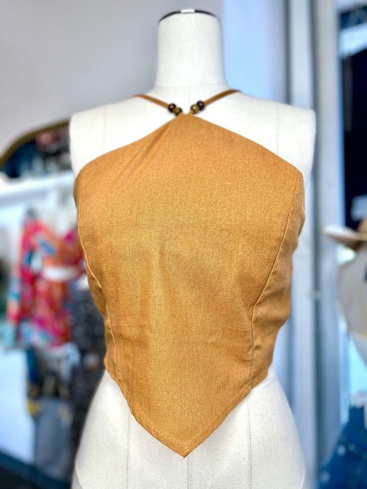 Laura Light Rust Beaded Halter Neck Smocked Back Linen Top
