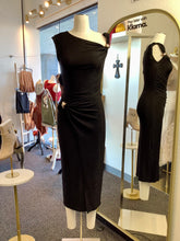 Load image into Gallery viewer, Bridget Black Sparkly Gold Detailed Twist Shoulder Midi Dress