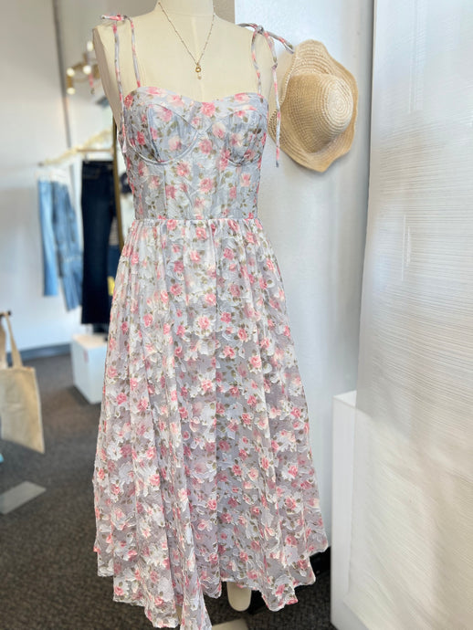 Belinda Light Blue Multicolor Floral Midi Spaghetti Strap Dress