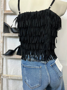 Brenda Black All Fringe Covered Spaghetti Strap Top