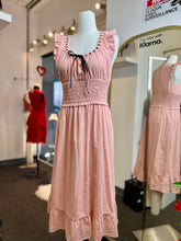 Load image into Gallery viewer, Lexi Midi Blush Pink Smocking Waist Black Lace Up Dress