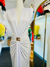 Load image into Gallery viewer, Jenny White Sleeveless Deep V Rushed Open Front Maxi Gold Hardware Brooch Detail