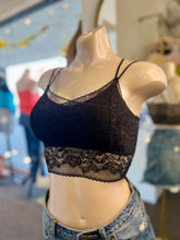 Load image into Gallery viewer, Leslie Black, White, Peach, and Dusty Lavendar Floral Laced Scalloped Bralette