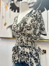 Load image into Gallery viewer, Ruby Black/White Floral Print Chiffon Pleaded Ruffle top