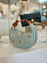 Load image into Gallery viewer, "D" Inspired "LOVE" crescent shaped Gold Studded Vegan Leather  Bag
