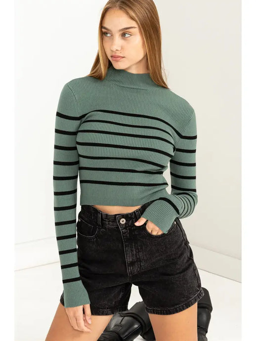 Vivian Basic Babe Ribbed Striped High Neck Crop Knit Top