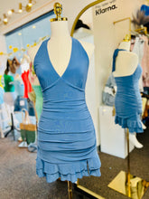 Load image into Gallery viewer, Emery Blue V Neck Mini Adjusted Smocked Dress