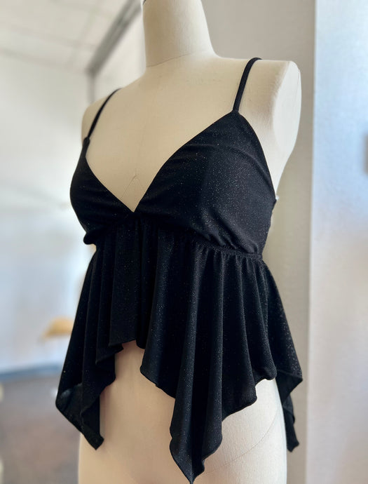 Viannca Black Sparkly Split Front Trim Top
