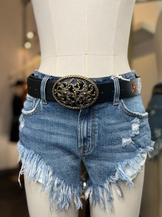 Vee Black or Cognac Threaded Design Belt With Gold Buckle