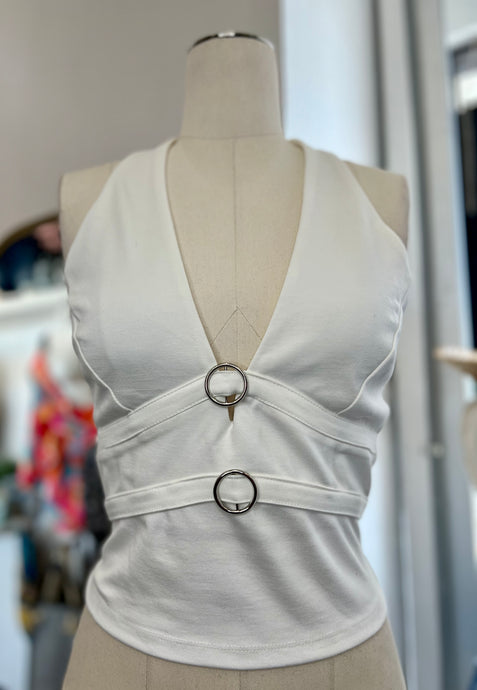 Ana White or Beige Elastic Halter O-Ring Top
