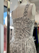 Load image into Gallery viewer, Olivia Long White and Steely Gray Flower Embedded Dress