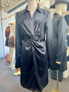 Itza Black Satin Long Sleeve Button Down Short Dress
