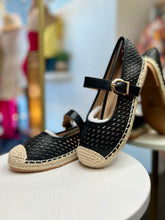 Load image into Gallery viewer, Serena Black Flat Mary Jane Shoes With Burlap &amp; Crochet