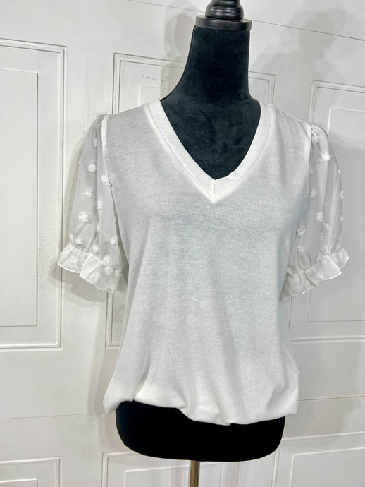 Alexa White Swiss dot short sleeve puff sleeve top stretchy