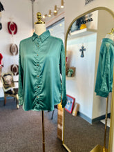 Load image into Gallery viewer, Pearl Teal Satin Long Sleeve Lace Detail Button Down