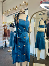 Load image into Gallery viewer, Valerie Medium Blue Tassel Denim Overall Belted Dress