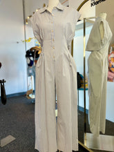 Load image into Gallery viewer, Deidra Striped Button-Down Linen Blend Light Taupe or Light Blue Jumpsuit