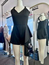 Load image into Gallery viewer, Christie Black Techno Crepe Ruffle Hem Spaghetti Strap Romper