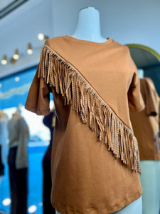 Camila Camel or Black Round Neck Bedazzled FringeS Stretchy Tee