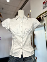 Load image into Gallery viewer, Lola White Button Up Stretchy Collared Puff Sleeve Top
