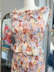 Clearance Peach Floral Print Smocked 2 Piece Skirt Set