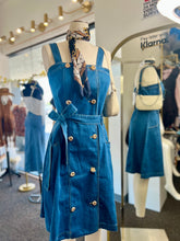 Load image into Gallery viewer, Valerie Medium Blue Tassel Denim Overall Belted Dress