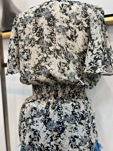 Ruby Black/White Floral Print Chiffon Pleaded Ruffle top