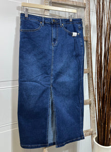 Denisse Dark Blue High-Rise Front Slit Denim Skirt