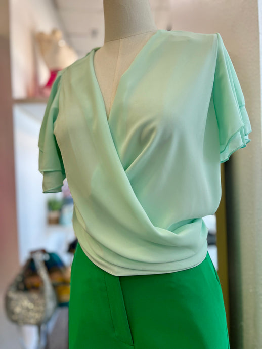 Paula Mint Flowy Sleeves Tie Back Blouse