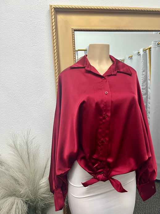 Dayrene Satin feel Button Down Long Sleeve Deep Red Blouse