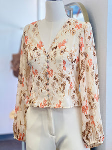 Layla Cream Zen Print V-Neck Button Down Top