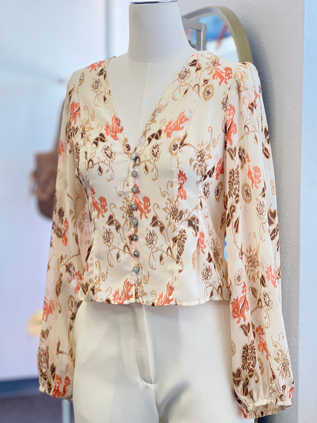 Layla Cream Zen Print V-Neck Button Down Top