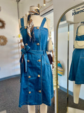 Load image into Gallery viewer, Valerie Medium Blue Tassel Denim Overall Belted Dress