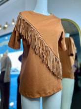 Load image into Gallery viewer, Camila Camel or Black Round Neck Bedazzled FringeS Stretchy Tee